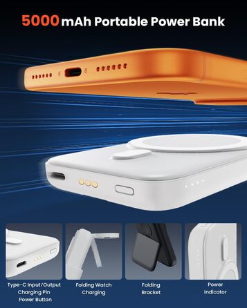 GEEKERA 3-в-1 Магнітна бездротова зарядка Powerbank 5000mAh: для iPhone 17/16/15/12, Apple Watch, AirPods, Samsung Galaxy (Білий)