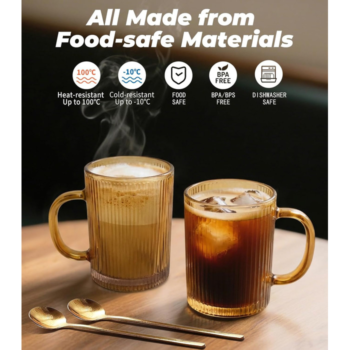 Набір з 4 чашок капучино 350мл, скляні, з рифленням, для лате/капучино/напоїв/кави/чаю - золоті