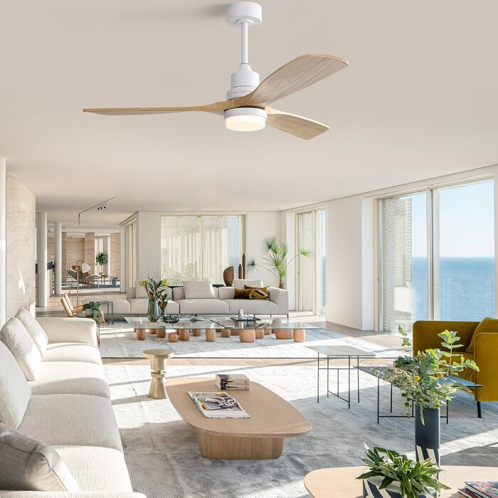 Стеляний вентилятор Sofucor з дистанційним керуванням, дерев'яний вентилятор з 3 лопатями, 132 см, тихий, 6 швидкостей, таймер, DC двигун, режим літо/зима для спальні (з підвісом та кріпленням, натуральне дерево)