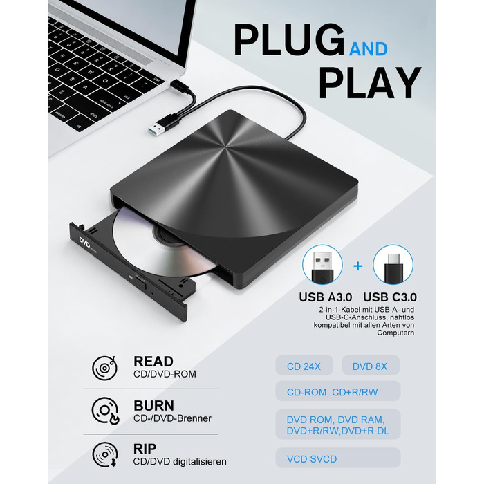 Зовнішній USB 3.0 та USB-C CD/DVD привід varkda для ноутбука та ПК, портативний DVD-плеєр та записник (RW/ROM), сумісний з Windows, macOS, Linux, чорний