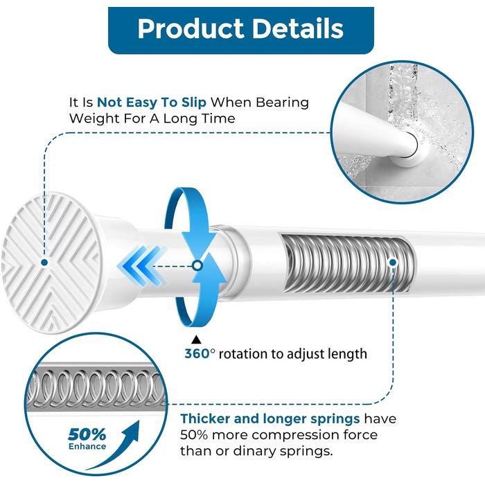 Штанга для душу/шторки без свердління Aizesi, 80-160 см, білий колір, 1 шт. (телескопічна, регульована)