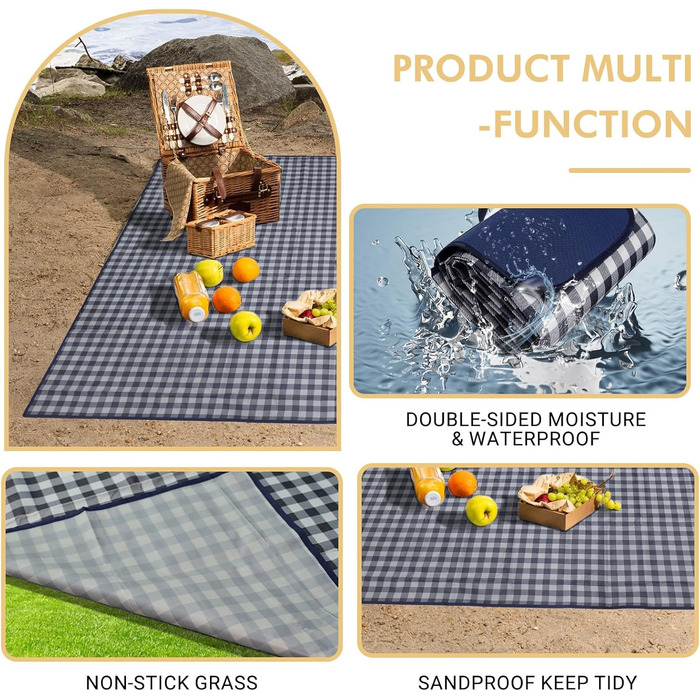 Килимок для пікніка Hozelin, водовідштовхуючий, складний, великий, пісконепроникний, 152.4 x 203.2 см (блакитний/білий)