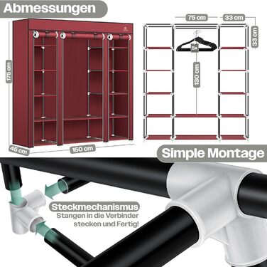 KESSER® Wardrobe Clothes Rack Stable with Clothes Rail & Shelves, Incl. 5x Clothes Hangers, Fabric Folding Wardrobe for Bedroom, Dressing Room, Clothes Rack 150x45x175cm (Burgundy Red)