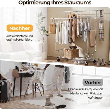Yaheetech Clothes Rack Coat Rack with 2 Extendable Clothes Rods Freestanding on Wheels Height Adjustable Holds up to 130 KG