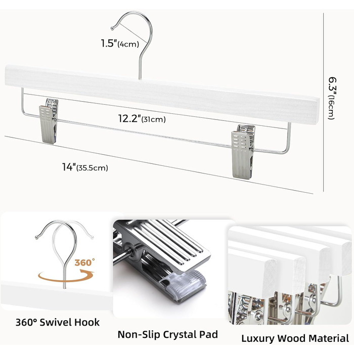 Дерев'яні вішалки для штанів та одягу HOUSE DAY, 25 шт. з кліпсами, білі, 35,5 см, поворотний гачок 360°