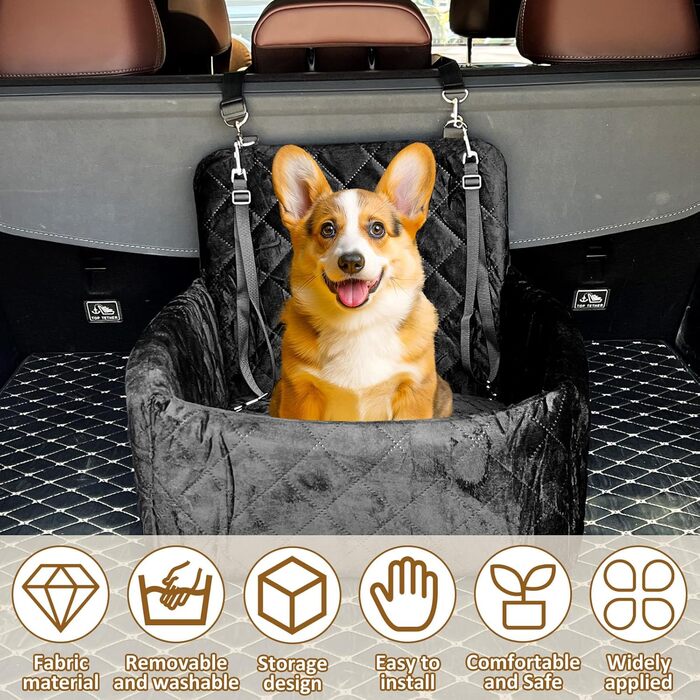 Автокрісло для собак, 40x40x35 см, чорне. Підходить для маленьких та середніх собак. З двома ременями кріплення.