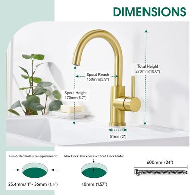 Кран кухонний CREA, 360° поворотний, з високим виливом, з матовим золотом
