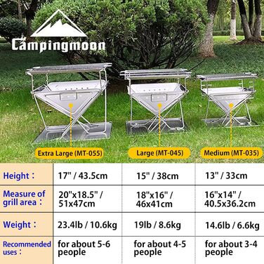 CAMPINGMOON Portable Stainless Steel Wood Grill and Fire Pit 20 inches with Carry Bag MT-055