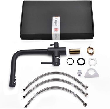 Кухонний змішувач 3-в-1 з поворотним виливом 360°, з двома важелями, для фільтрації води, гарячої та холодної води, високого тиску, з 3 шлангами 50 см, нержавіюча сталь, матовий чорний