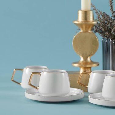 KARACA Saturn Gold Turkish Coffee Cups, Cappuccino Cups Set for 6 People, 12-Piece, White Gold, 6 Espresso Cups and 6 Saucers, Cappuccino Cups, Porcelain, Coffee Set