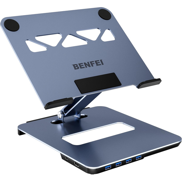 Алюмінієва підставка для ноутбука BENFEI з USB-C 6-в-1 док-станцією, HDMI 4K 60Гц, 4xUSB 3.0, Power Delivery 100Вт, сумісна з MacBook Pro/Air, iPad Pro, XPS, ThinkPad