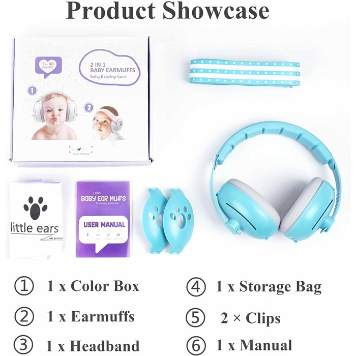 Навушники для захисту вух для дітей 0-4 роки, 2-в-1, захист від шуму 24dB, блакитні