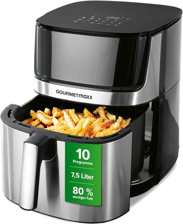 Gourmetmaxx 4-in-1 Digital Air Fryer | Powerful Air Fryer 2200 W | Low-Fat + Energy-Saving Frying with Touch Display & Timer Function - 7.5L | [Includes 10 Programs] Stainless Steel / Black 7.5 Liters