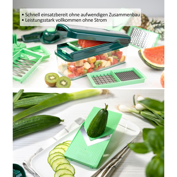 Набір для нарізки овочів Genius Nicer Dicer Exclusive 15 елементів: кубики, томати, тертка, слайсер, контейнер 2500 мл, зелений