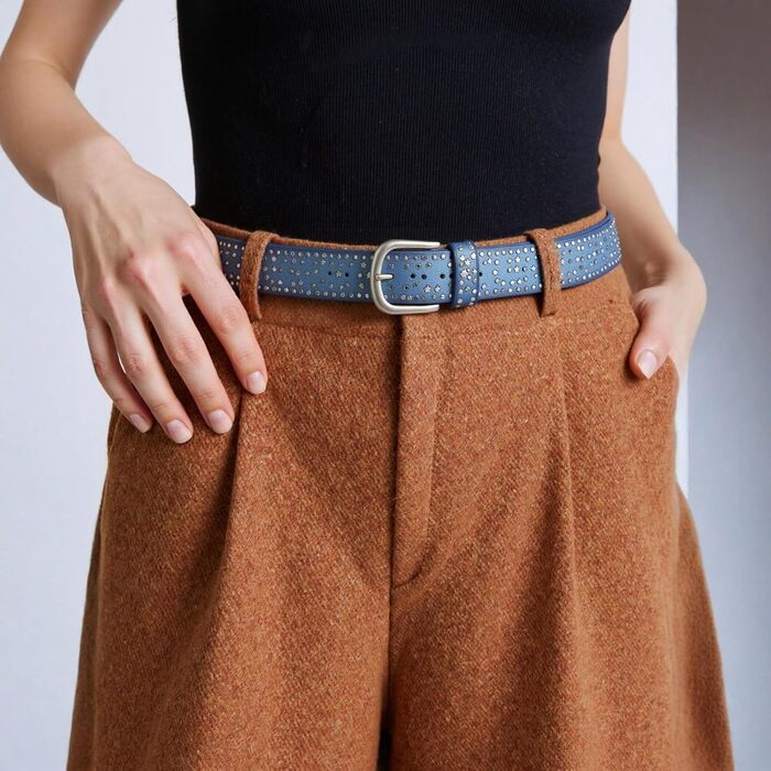 Жіночий шкіряний ремінь 110 см з зірковими застібками, ширина 3.8 см, універсальний для джинсів, суконь, штанів та шортів, регульований, вінтажний, з металевою пряжкою (синій)