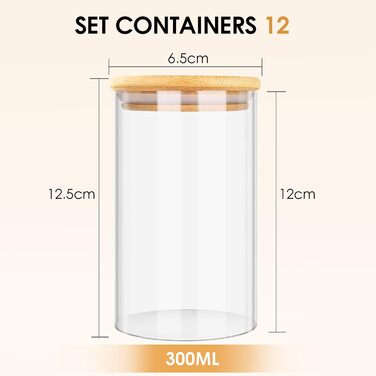 Набір скляних банок для спецій Cinnani 12 шт. з дерев'яними кришками (300 мл)