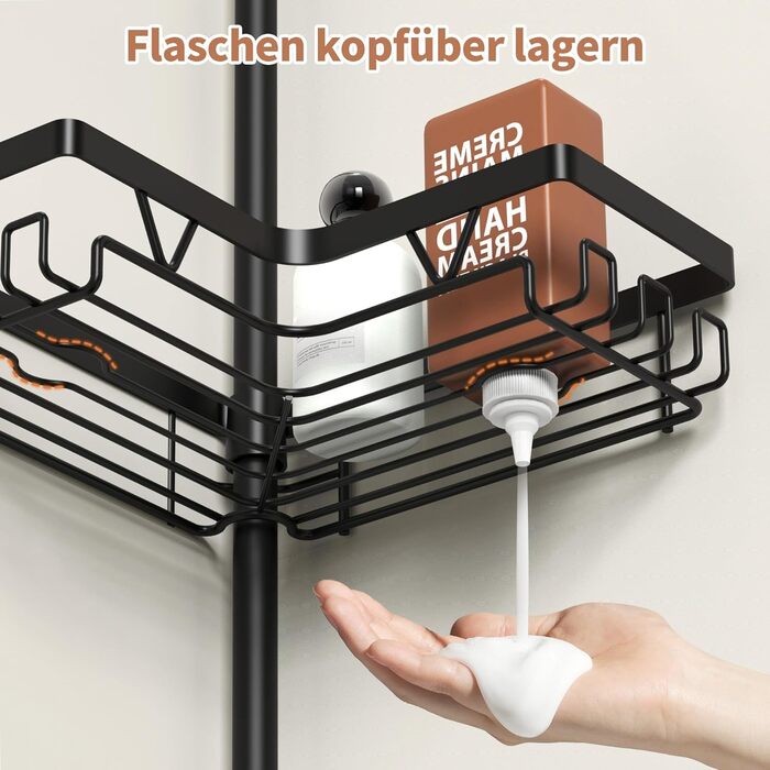 Настінна поличка для душу YIGII з телескопічною штангою, з нержавіючої сталі, чорна, 4 яруси, без свердління, з тримачем для зубних щіток, регульована 63.5–290 см