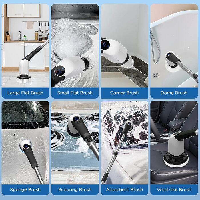 Coovee Electric Cleaning Brush, 2024 New Voice Prompt Spin Scrubber with 8 Drill Brush Heads, THREE Adjustable Speeds, Extendable to 137cm Handle for Bathroom Kitchen Car Floor