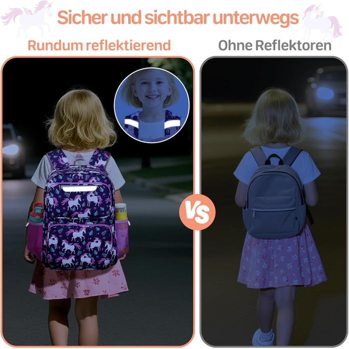 Дитячий рюкзак Bagseri Kinderrucksack для дівчаток 15L, легкий рюкзак для школи та 1-2 класу, з нагрудним ременем та ізотермічним відділенням, сумісний з DIN A4, з світловідбиваючими елементами, Deep Purple Einhorn