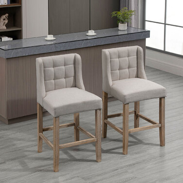 HOMCOM 2-Piece Bar Stool Set with Backrest, Upholstered Button-Tufted Bar Stools, Solid Wood, Includes Footrest, 47 cm x 50 cm x 101 cm, Grey + Natural