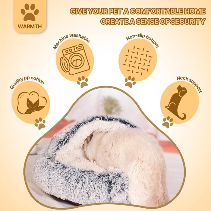 YAGE Soothing Cat Bed, Fluffy Plush Kitten Bed, Washable Anti-Anxiety Puppy Bed, Pet Bed for Small Dogs Soft Warm Donut Cat Sleeping Bag. No.: 015002802-0001(M-50cm)