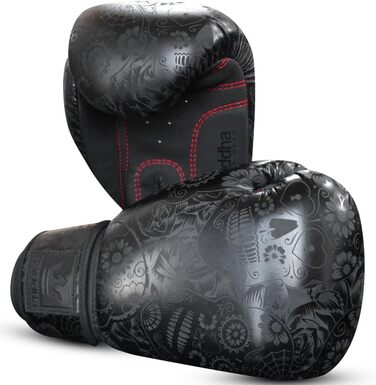 Buddha Fight Wear Luzbel Boxing Gloves - Muay Thai & Kickboxing - Premium PU Leather - Odor Resistant - Reinforced Stitching - 16oz - Black & Matte Black