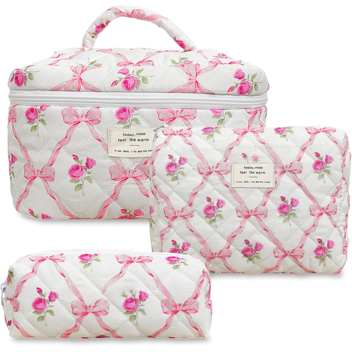 Набір 3 косметичні сумки для подорожей: дамська культбагаж з квітковим візерунком, степенена модель, для макіяжу та косметики, рожевий колір з діамантовою стрічкою