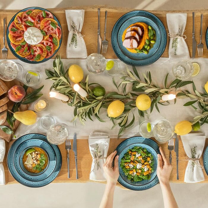 Набір посуду Twinzee Steingut 24 частини для 6 осіб: тарілки та миски, колекція Riviera Azur, з каменю, для мікрохвильової печі