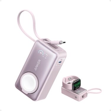 Повербанк Anker MagGo 10000mAh для Apple Watch та iPhone 17/16/15, Samsung, iPad, AirPods, вбудований кабель USB-C, 35W Max, сертифікований, Рожевий