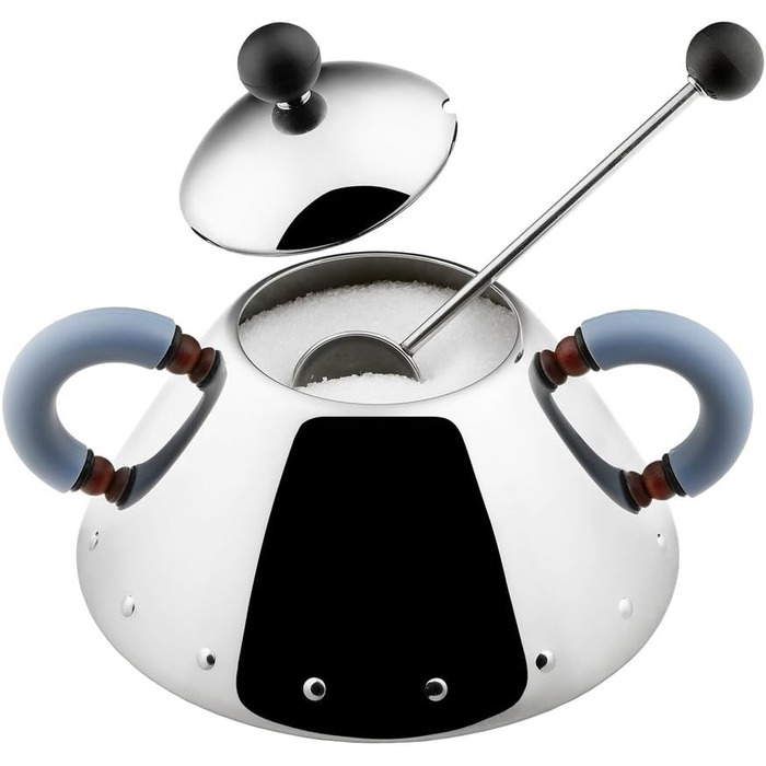 Цукорниця з ложкою Alessi з нержавіючої сталі, з блакитною ручкою і чорною кнопкою, 6.5x10.5x2 см