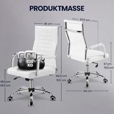 Офісне крісло Yaheetech з підлокітниками, офісний комп'ютерний крісло для начальника, стілець для роботи з високою спинкою, білий, до 136 кг