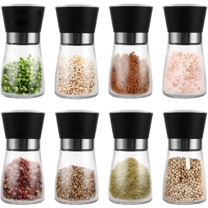 Набір з 8 мельниць для солі та перцю, ручні, з регульованим керамічним жорном, 13.5X6.4 см, прозорі, для різних спецій