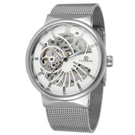 Годинник чоловічий FORSINING Механічний, ультратонкий, з браслетом з нержавіючої сталі, скелетонний, аналоговий (Бежевий)