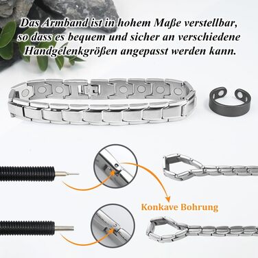 Браслет магнітний чоловічий Vicmag з титанової сталі, подвійний ряд магнітів, регулювальний інструмент, подарункова коробка (однорядний, срібний)