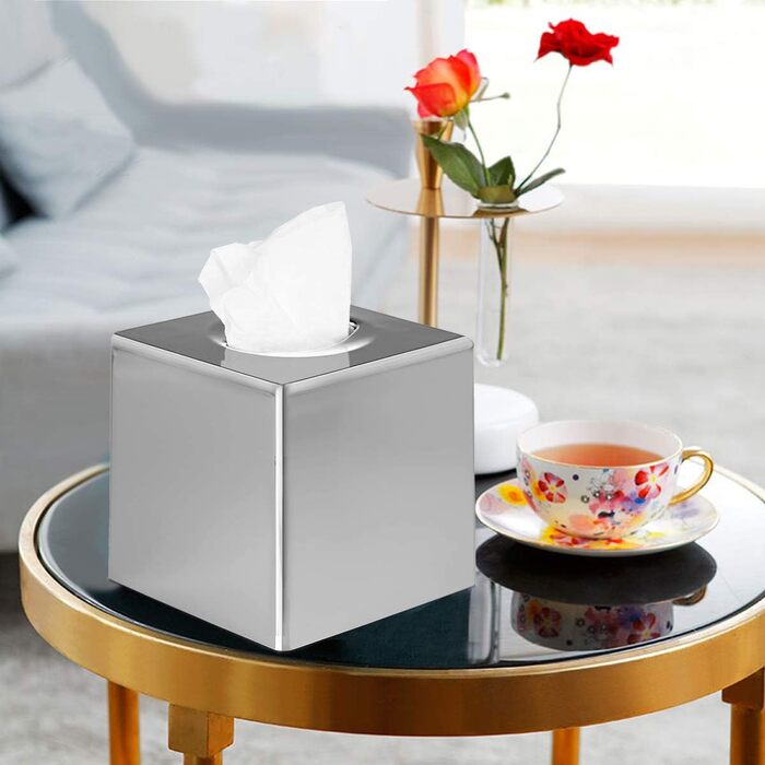 Discoball Tissue Box Cover Cube Tissue Holder Square Mirror Tissue Dispenser Holder Bathroom Tissue Organizer Stand for Home, Office, and Car (Silver)