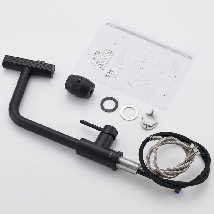 Чорний кухонний змішувач з висувною лійкою, водоспад, високий тиск, 3 режими, поворотний на 360°, з нержавіючої сталі, матовий, для кухні