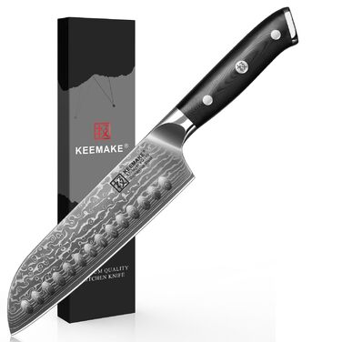 Ніж Santoku Keemake Damastmesser 17.8 см, професійний кухонний ніж з дамаської сталі (67 шарів) для м'яса та риби, ніж для шеф-кухаря 18 см
