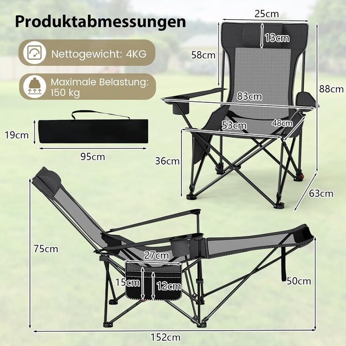 Крісло для кемпінгу та риболовлі Costway з підставкою для ніг, регульованою спинкою, підголівником, тримачем для напоїв та бічною кишенею (Сірий)