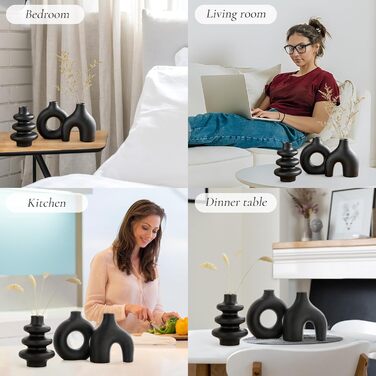 Set of 3 Black Ceramic Vases - Small Pampas Grass Decor, Modern Flower Vases for Home, Wedding & Living Room Centerpieces