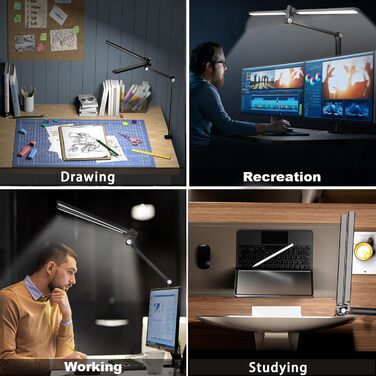 LED лампа для столу Hapfish з кріпленням, 24W, двокамерна, для монітора, широке та яскраве освітлення, 5 режимів кольору та 5 рівнів регулювання яскравості, денне світло, дитяча, з багатоосьовим кріпленням