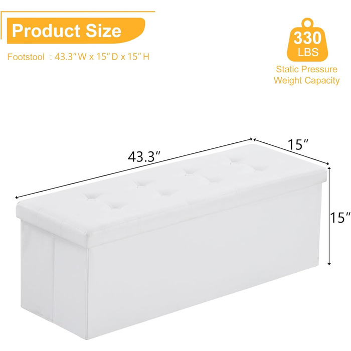 Складана лавка з місцем для зберігання LEADZM, біла, 110×38×38 см, пуф із ПВХ шкіри для спальні, вітальні, офісу