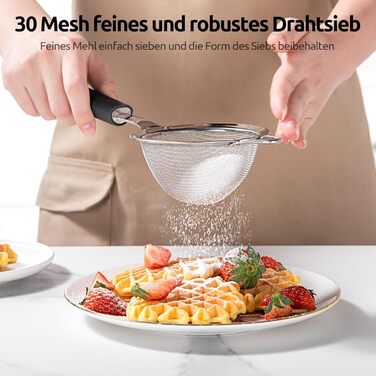 Кухонне сито U-Taste з дрібною сіткою 8,5 см, з нержавіючої сталі 18/8, з міцною заклепкою та силіконовою ручкою, для просіювання борошна, чаю, рису, кіноа, чорне
