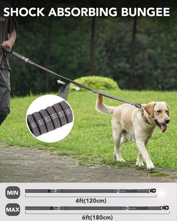 Тактична собача повід Joytale, 1.2м-1.8м, еластична, з двома зручними ручками, автофіксатор, повід без ривка для великих собак, сірий