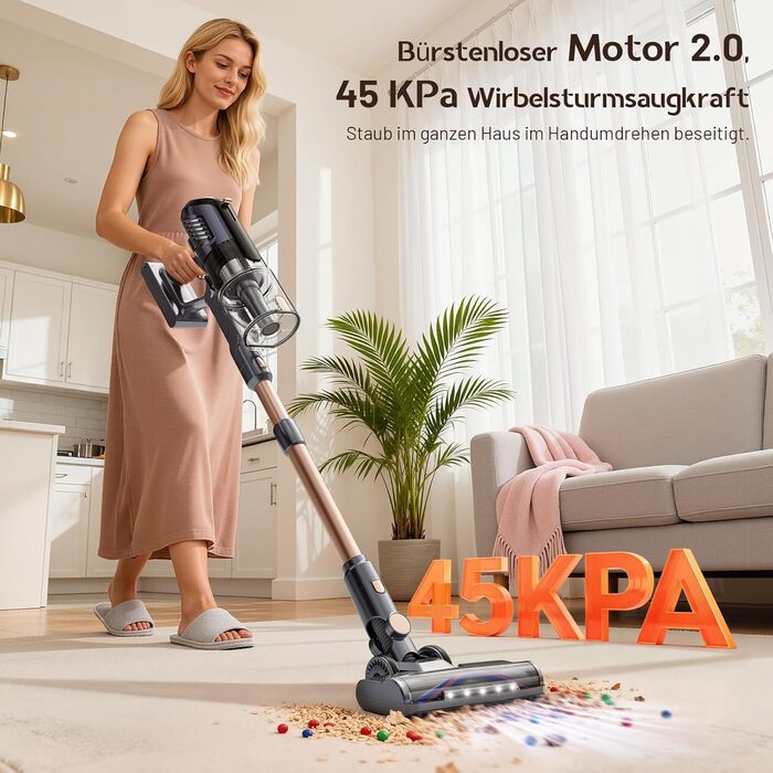 Бездротовий акумуляторний пилосос 45000Pa з антизаплутувальною щіткою, LED-дисплеєм та фільтрацією 99,9%, для прибирання шерсті тварин, килимів, твердих поверхонь та авто (сірий)