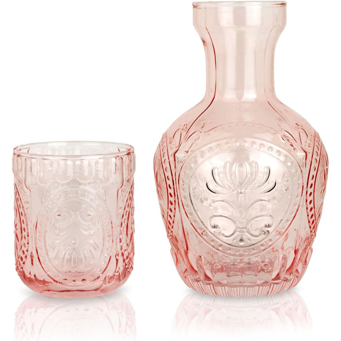 Vintage Glass Carafe with Lid & Matching Drinking Glass – 750 ml Capacity – Elegant Glass Jug for Water, Juice, or Wine – Stylish Home Decor for Kitchen or Dining Room (Pink)