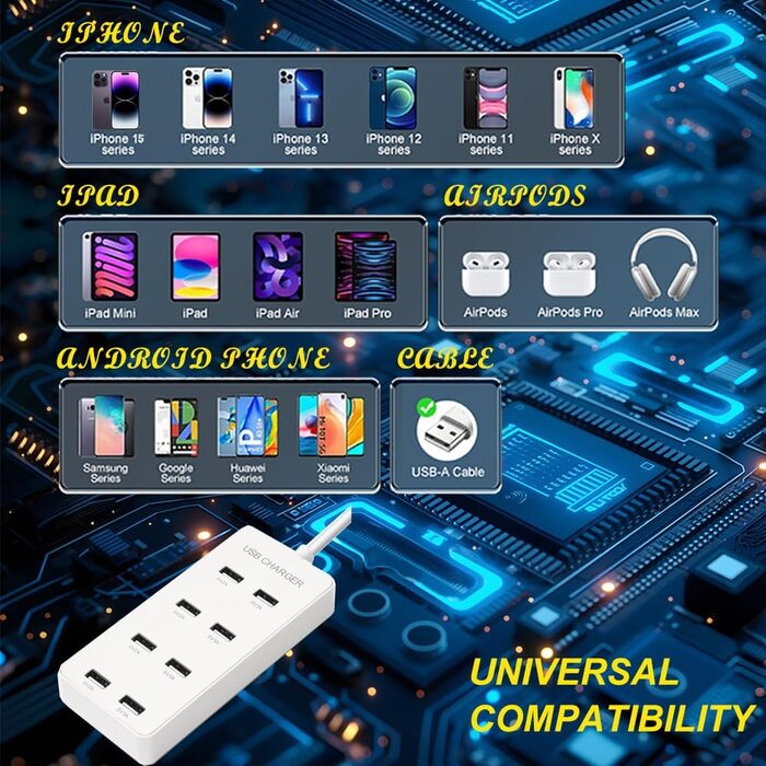 USB-зарядний пристрій 20 портів, портативна станція швидкої зарядки для iPhone, iPad, Samsung, Google, Xiaomi, Huawei та інших пристроїв