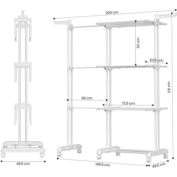 Сушарка для білизни Oak & Tea Turm, 83-200 см, з висувними крилами, XXL, 4 яруси, з колесами, для дому та вулиці, біла