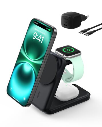 Бездротова зарядна станція Belkin UltraCharge 3-in-1 з підтримкою Qi2, 25 Вт, чорна