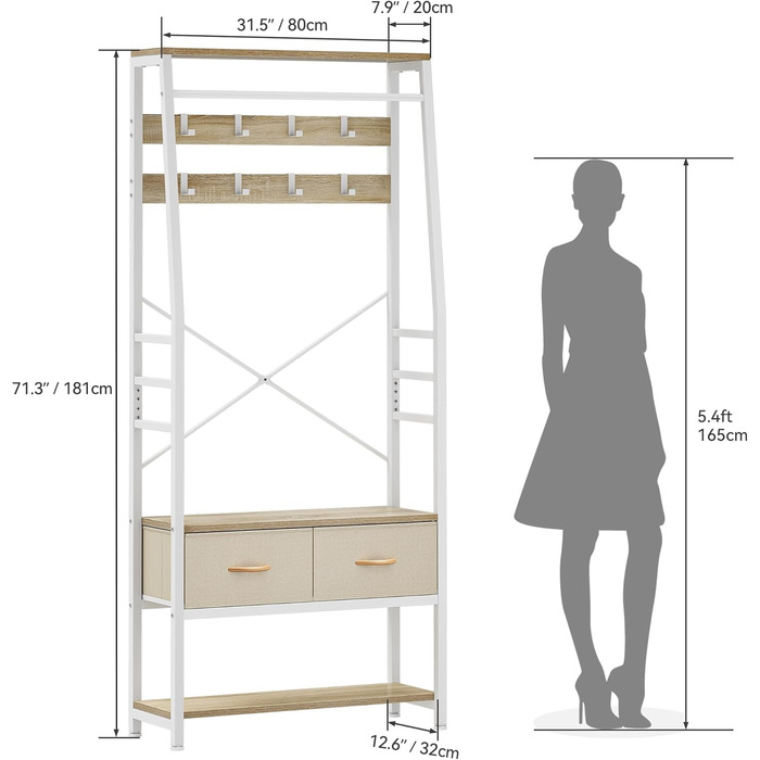 YITAHOME Entryway Bench with Shoe Cabinet, Freestanding Coat Rack with Bench and 2 Folding Drawers, Industrial Coat Rack with 8 Hooks for Entryway, Living Room, Bedroom, Metal Frame, Rustic Brown (Beige)