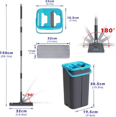 Набір для миття підлоги з відром, 2 в 1: моп з відром та функцією віджиму, з регульованою ручкою з нержавіючої сталі та 6 мікрофібровими насадками, підходить для плитки та ламінату (сірий + зелений)